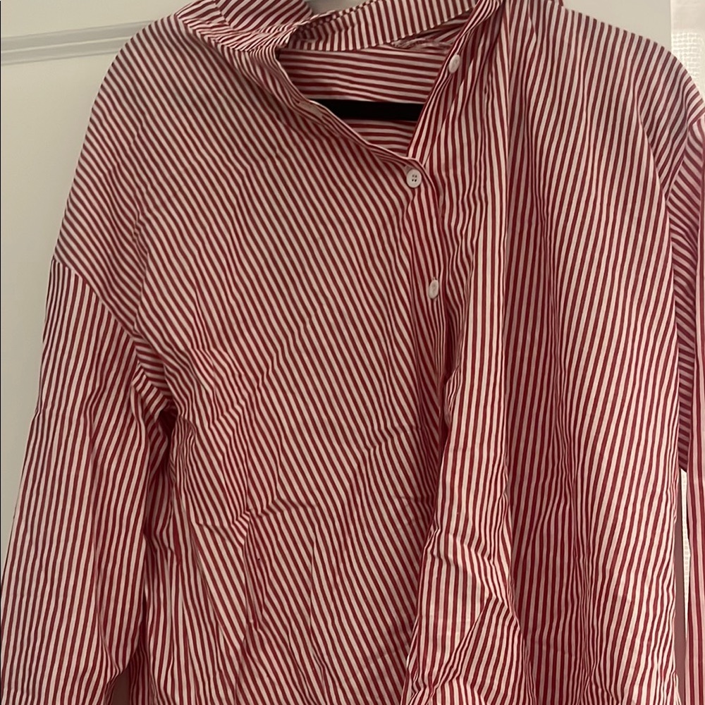 Red and White Striped Button-Up Shirt